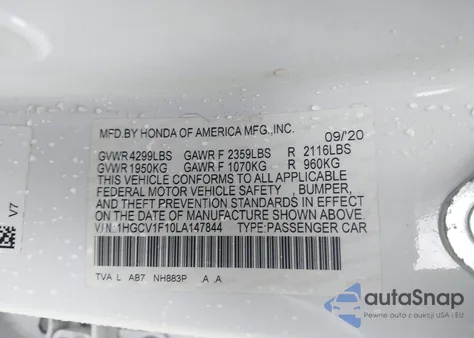 2020 Honda Accord Lx z USA, uszkodzony, nr VIN 1HGCV1F10LA147844